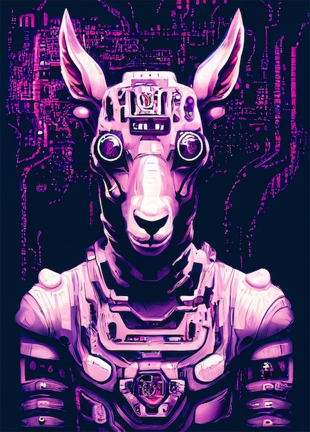 Goat cyborg with cyberpunk background