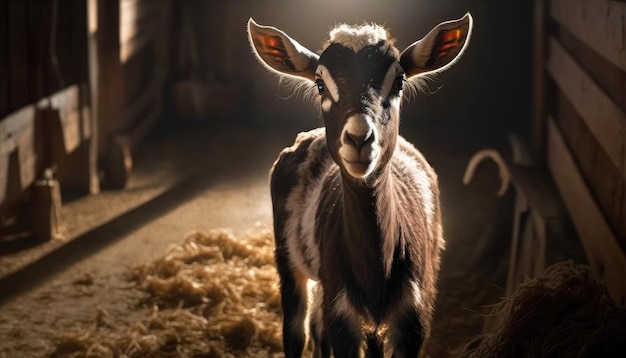 A goat in a dark room with a light behind it