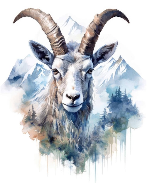 Goat Double exposure of a Goat and nature mountains trees in watercolor art