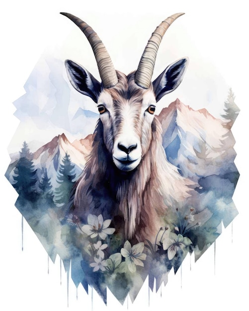 Коза Двойная экспозиция козла и природных горных деревьев в акварельном искусстве