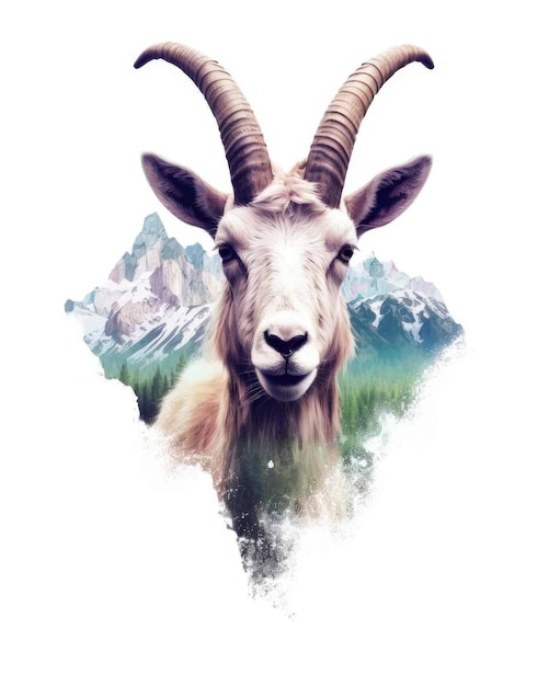 Goat Double exposure of a Goat and nature mountains trees in watercolor art