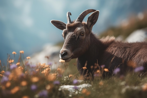 A goat in a field of flowers