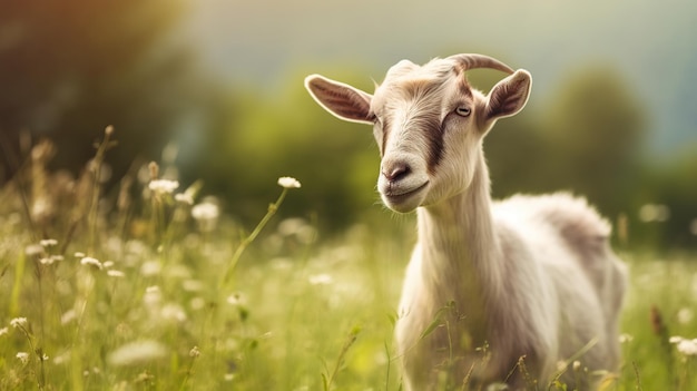 A goat in a field of flowers