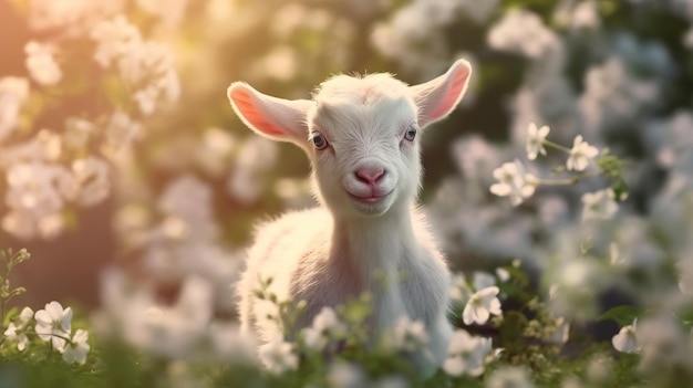 A goat in a field of flowers