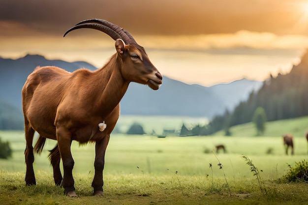 A goat in a field with mountains in the background