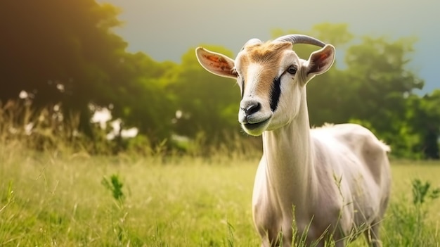 A goat in a field with trees in the background