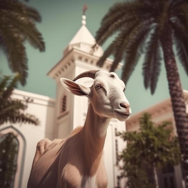 goat in front of beauty mosque with palm tree eid al adha background