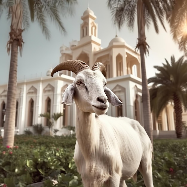 goat in front of beauty mosque with palm tree eid al adha background