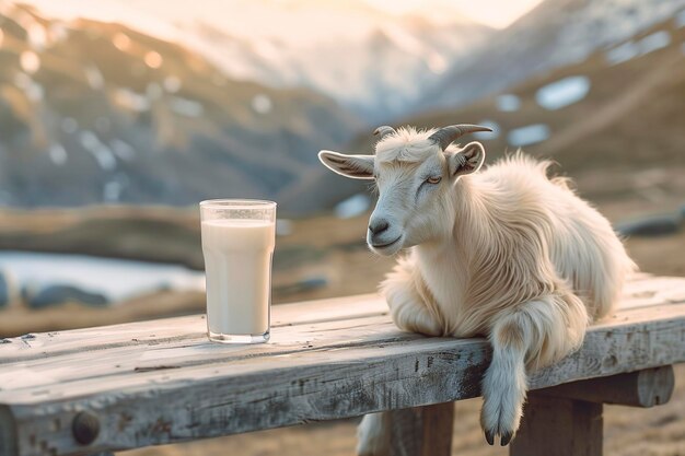 Photo goat and a glass of milk on a wooden table in the mountains