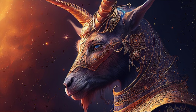 A goat in gold and gold with a blue horn on its head