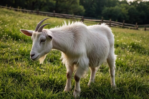 Photo goat grazing in a sunlit pasture