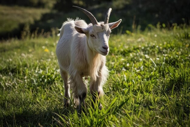 Photo goat grazing in a sunlit pasture