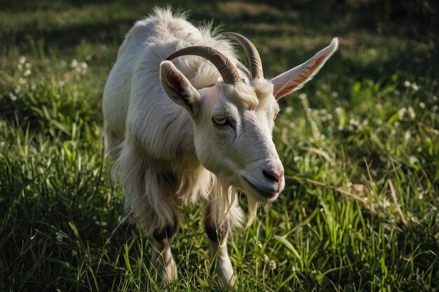 Photo goat grazing in a sunlit pasture