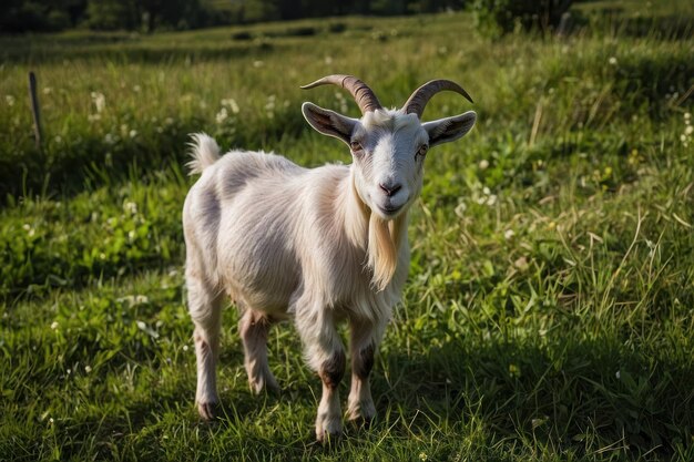 Goat grazing in a sunlit pasture