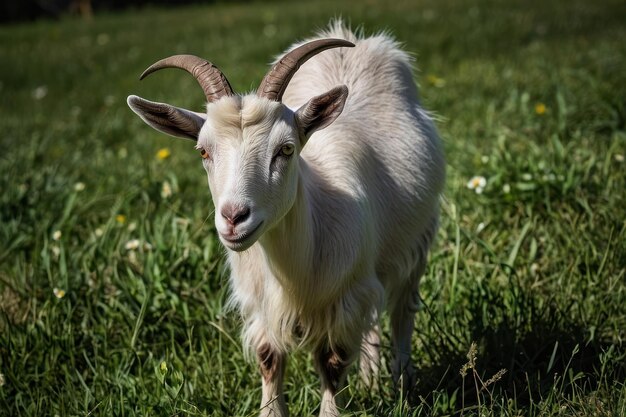 Goat grazing in a sunlit pasture