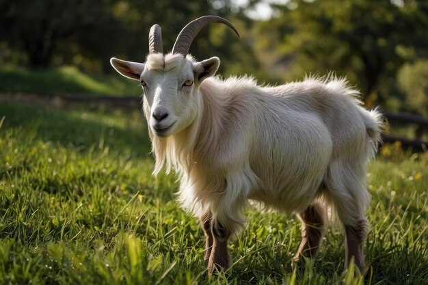 Goat grazing in a sunlit pasture