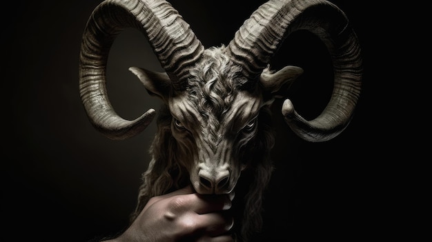 A goat head is held up by a hand.