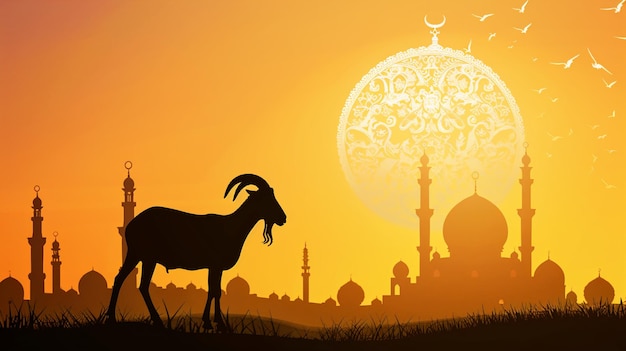 a goat is silhouetted against a sunset with a moon and a mosque in the background