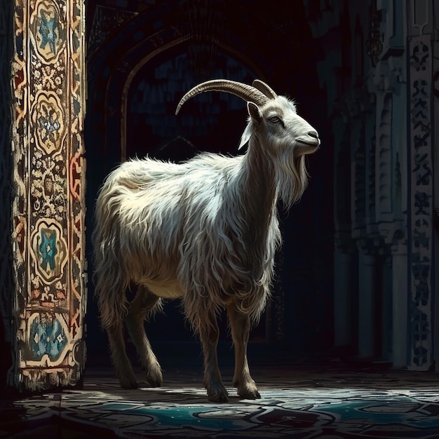 a goat is standing in front of a door that says quote a goat