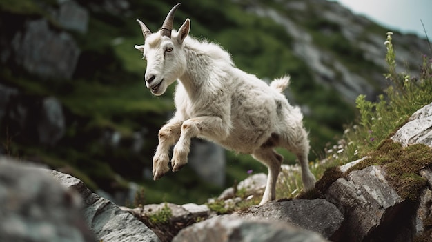 The goat jumps on the rocks in the mountains Generative AI