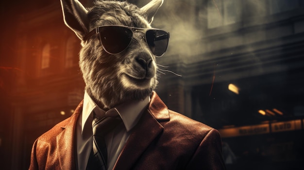 A goat or kangaroo wearing sunglasses and a suit ai