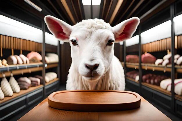 A goat looks at a plate of food in a store.