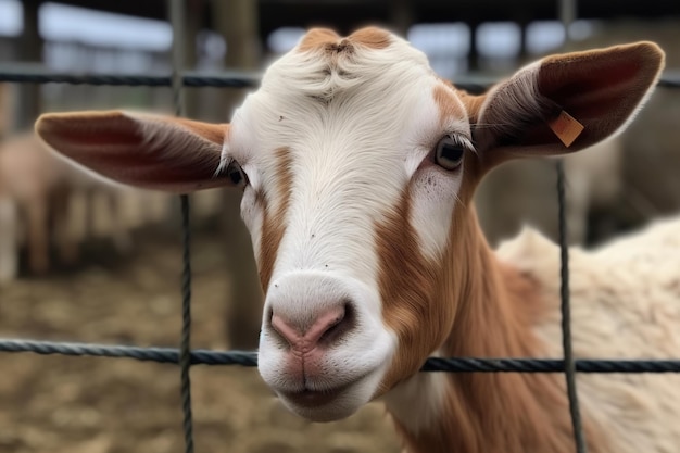 A goat looks through a fence at a farm.