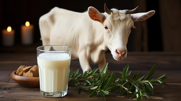 Goat milk in cups on an antique wooden backdropxA