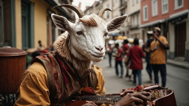 A goat playing a musical instrument in a street band