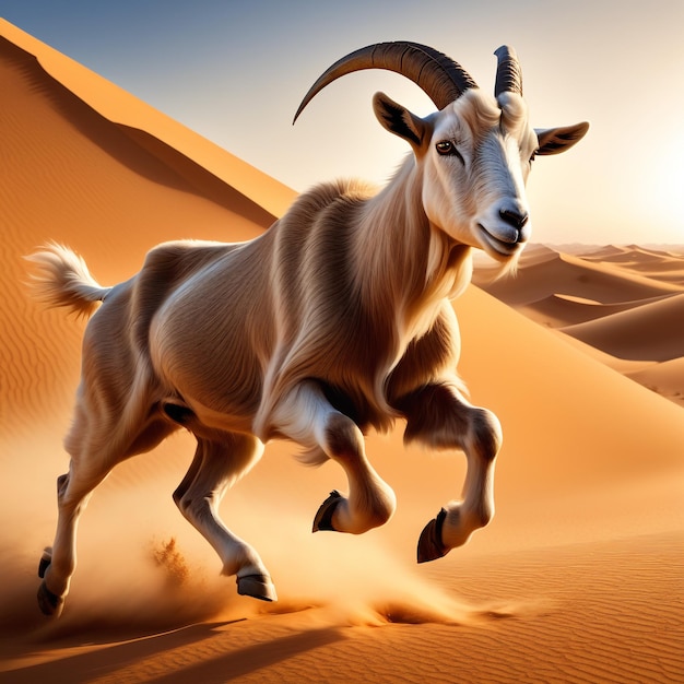 Goat running on background track desert nature wildlife and snow