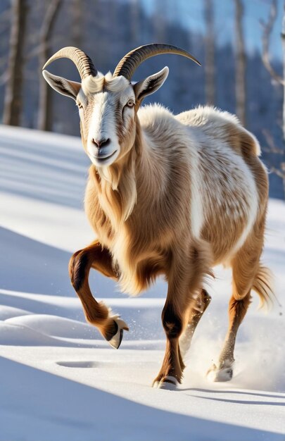 Goat running on background track desert nature wildlife and snow