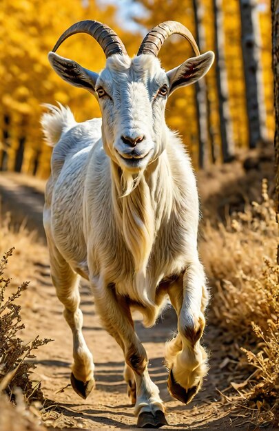 Goat running on background track desert nature wildlife and snow