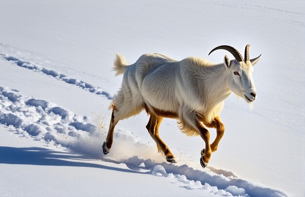 背景のトラックで走るヤギ 砂漠の自然 野生生物と雪