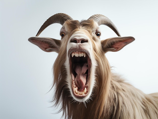 Photo a goat screaming at the camera on a white background