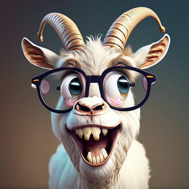 Goat smiles with a sarcastic look He wears glasses