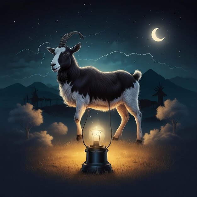 a goat standing in front of a lamp with the moon in the background