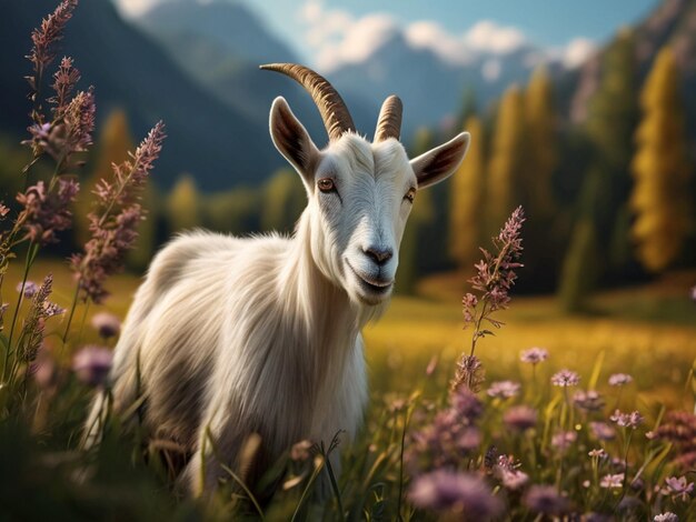 Photo goat standing in the meadow