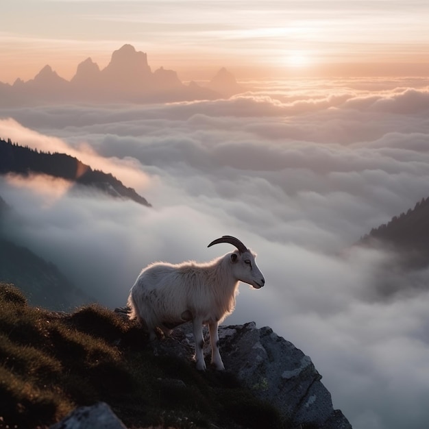 A goat stands on a cliff in front of a sunset.