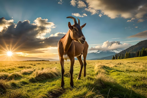 A goat stands in a field with mountains in the background.