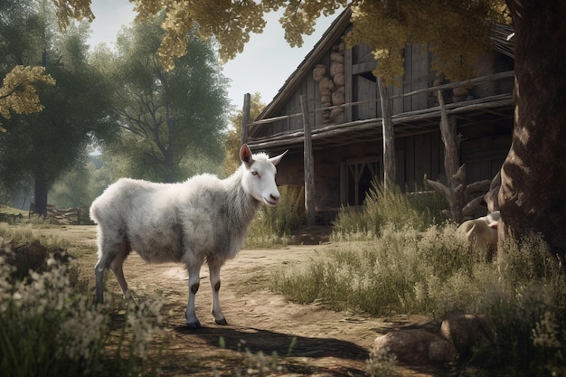 A goat stands in front of a house that has a house on it.