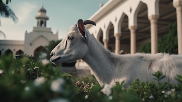 A goat stands in front of a mosque eid adha celebration moslem day