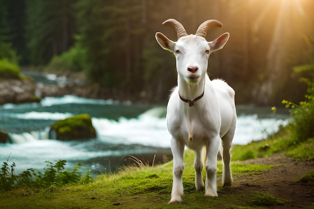 A goat stands in front of a river.