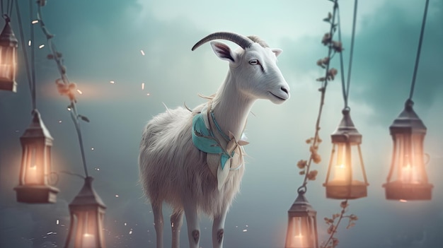 A goat stands in front of a street lamp.