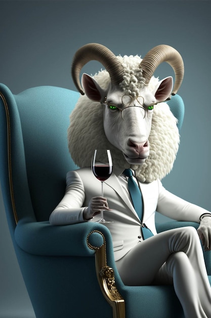 Goat in a suit sitting in a chair with a glass of wine generative ai