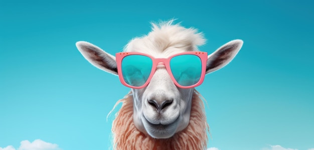 Goat in sunglass shade glasses left position isolated on solid pastel background generative ai