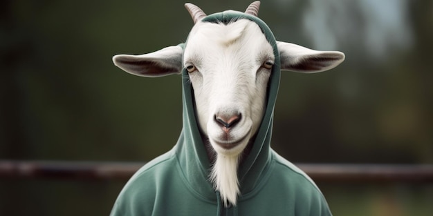 A goat wearing a hoodie that says'goat'on it