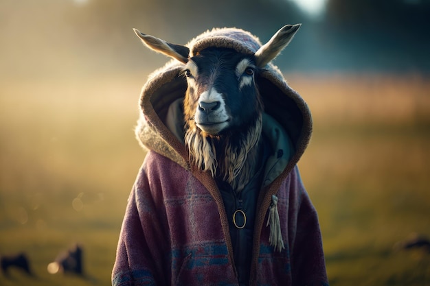 Goat wearing jacket with hoodie on it's head and hat on it's head Generative AI