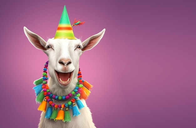 A goat wearing a party hat is celebrating a birthday.