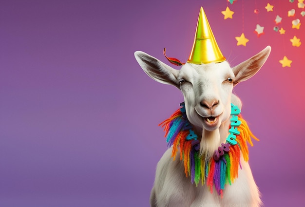 A goat wearing a party hat and a party hat.