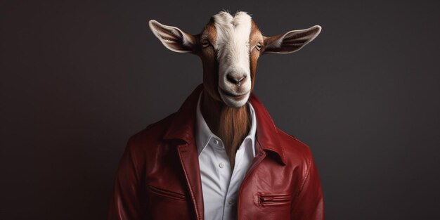 A goat wearing a red jacket